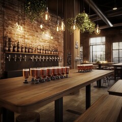 A warm and cozy brewery atmosphere with beer flights on a wooden table