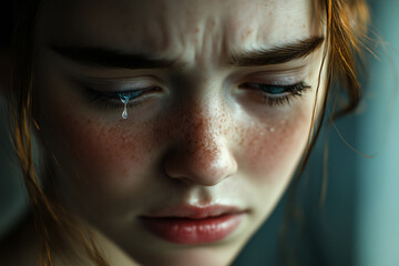 portrait of a woman crying with tears on her cheeks