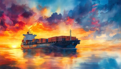 A stunning watercolor scene featuring a cargo ship loaded with containers, sailing peacefully through tranquil waters beneath a vivid, colorful sky