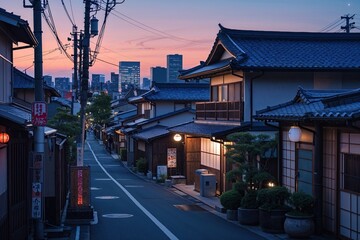 Serene Twilight in Beautiful Tokyo Neighborhood Featuring Traditional Homes and Calming Lofi Asian Vibes
