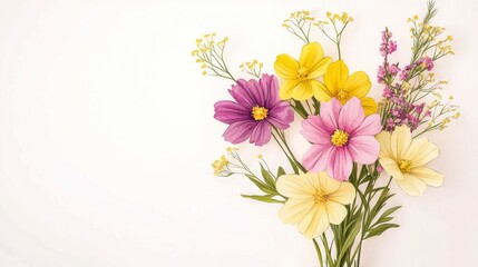 Fototapeta premium Spring Floral Bouquet Yellow Purple Cosmos Delicate Flowers White Background
