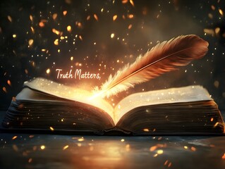 Open Antique Book with Quill Pen and Magical Light Effect