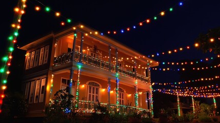 Two-story house brilliantly lit with colorful Christmas lights. Perfect for holiday, festive, and celebration themes.