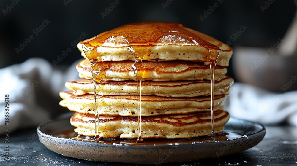Poster heaping stack of fluffy pancakes piled high and ready to be served with butter and maple syrup
