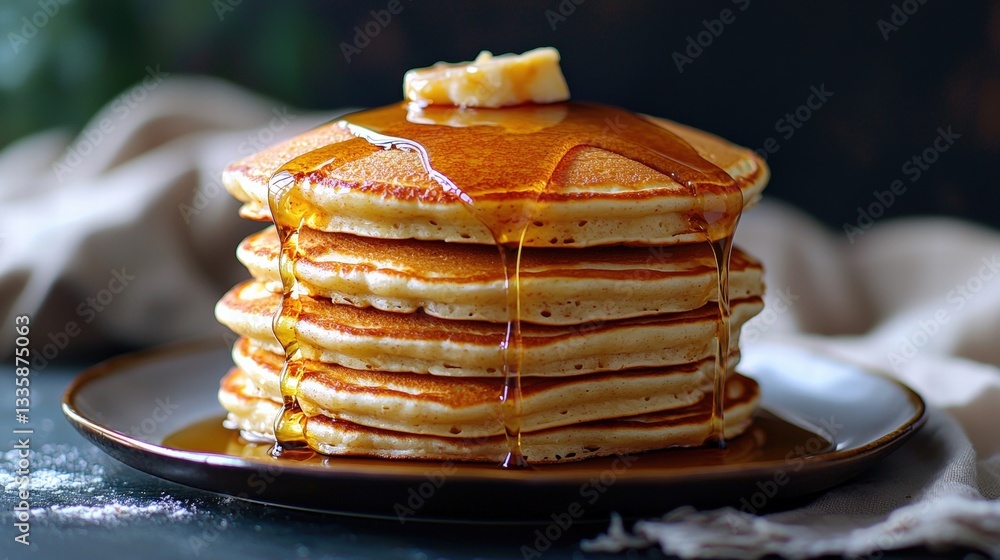 Poster tantalizing stack of pancakes arranged on a white plate with a drizzle of maple syrup and butter