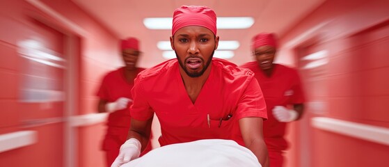 Emergency Medical Team in Urgent Action: Focused Doctors in Hospital Corridor with Patient