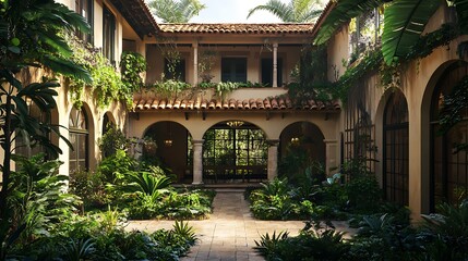 Fototapeta premium Exploring Lush Courtyard Garden with Arches and Stone Pathway View