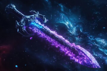 Obraz premium A Cosmic Blade Imbued With Ethereal Energy, A Weapon Of Starlight And Legend, Glowing With Vibrant Purple And Blue Hues Against A Dark Nebula Backdrop