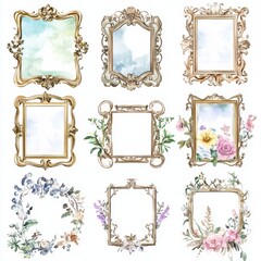 Nine decorative picture frames with floral and watercolor designs