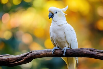 A Majestic White Cockatoo Perched Serenely On A Weathered Branch, Basking In The Warm Glow Of A Sun-drenched Autumn Afternoon, Its Plumage Pristine Against A Bokeh Of Yellow And Gold