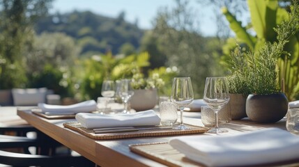 Fototapeta premium Outdoor dining table, sunny patio, elegant setting