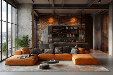 Industrial-chic loft apartment boasts exposed brick, large windows, and a sectional sofa.  Rustic and modern design elements blend seamlessly