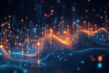 Fototapeta premium A Mesmerizing Digital Landscape Of Glowing Particles And Vibrant Energy Flowing Across A Dark, Undulating Terrain With Deep Blues And Warm Oranges