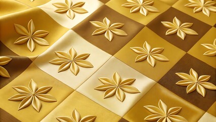 Luxurious Golden Floral Textile Design Checkerboard Pattern of Embossed Flowers on Satin Fabric