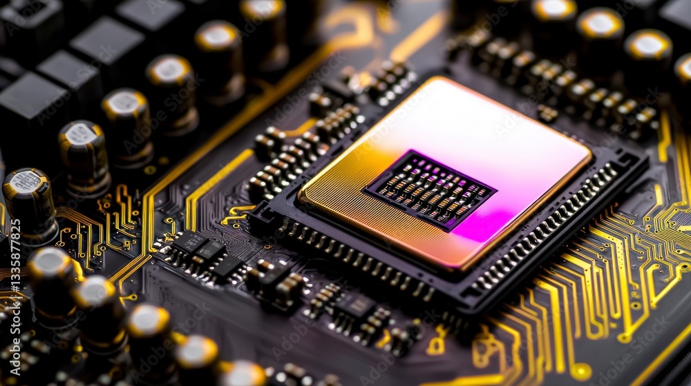 Poster high res close up of microchip on motherboard technology circuitry electronics compute