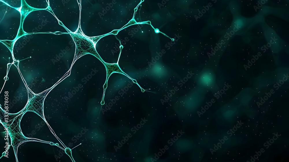 Poster the image shows a stylized representation of neurons or a neural network, glowing teal against a dar