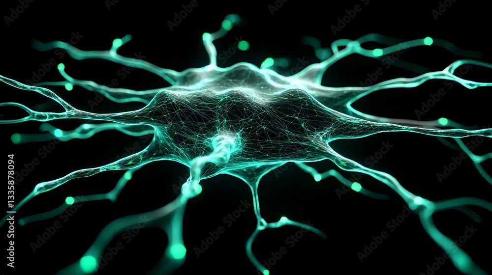 Aufkleber the image shows a stylized 3d rendering of a neuron, its axon and dendrites glowing teal against a b