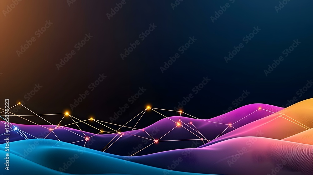 Poster the image contains a dark background with colorful, flowing hills in shades of blue, purple, and ora