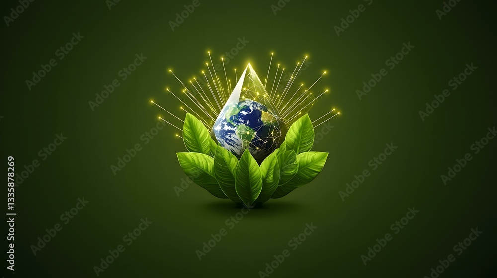 Poster the image shows a digital rendering of planet earth inside a clear, crystalline teardrop shape. the 