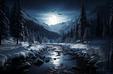 image of a pitch-black with snow at natural midnight in the moon light