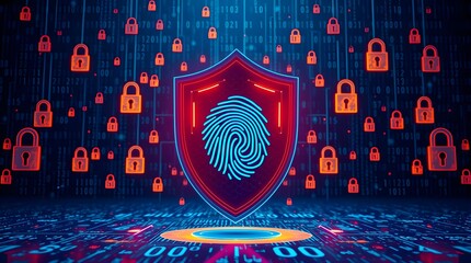 Digital security concept with a glowing fingerprint on a shield, surrounded by red padlocks and binary code on a blue background, conveying protection