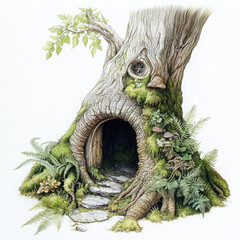 magical hollow tree with moss, ferns, and tiny door invites wonder