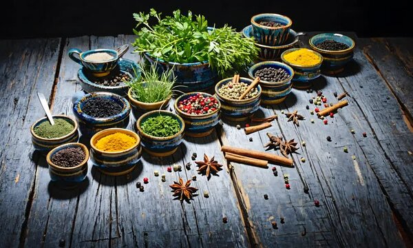 Various aromatic spices in bowls	