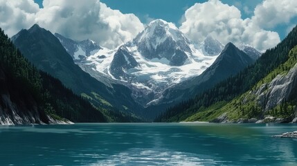 Majestic Alpine Lake Surrounded by Snow Capped Mountains and Lush Green Forests Under a Cloudy Sky