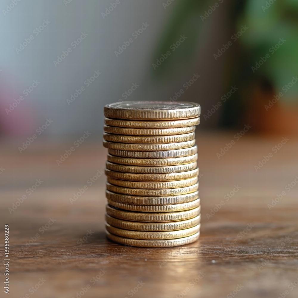 Aufkleber a neatly stacked arrangement of various coins displayed on a flat surface with a neutral background