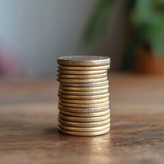 A neatly stacked arrangement of various coins displayed on a flat surface with a neutral background