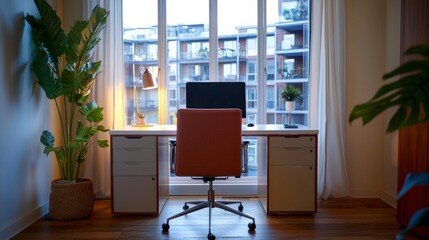 Modern Home Office Desk  Ergonomic Chair  Natural Light  Minimalist Workspace