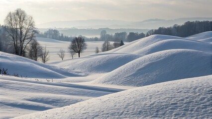 Serene Winter Landscape SnowCovered Hills, Bare Trees, Misty Mountains