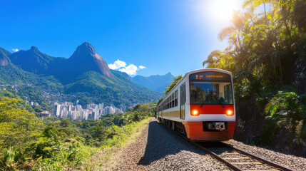 Naklejka premium train travels through lush mountains with city view under bright sun