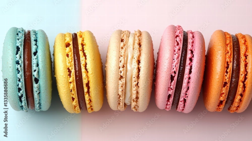 Poster beautifully arranged row of macarons in various colors and flavors perfectly displayed for enjoyment
