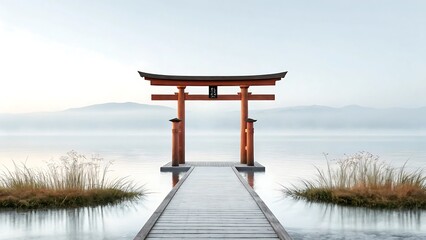 Serene Wooden Torii Gate on Calm Lake at Dawn, Misty Mountain Background