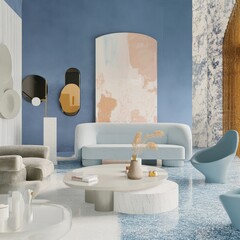 A stylish blue pastel living room featuring renovation materials, paint samples, and decor plans