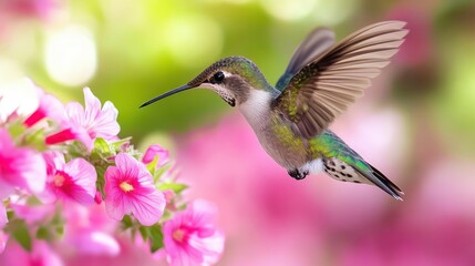 Fototapeta premium Hummingbird in flight feeding on pink flowers