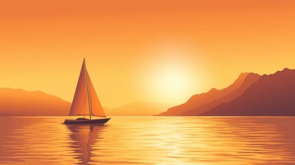 Serene Sunset Sailboat on Calm Waters with Mountain Silhouette