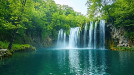 Naklejka premium Serene Waterfall Cascading into Emerald Pool: Lush Green Forest Paradise