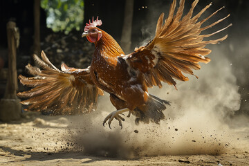 Portrait of a rooster flapping its wings