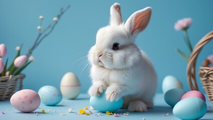 Adorable White Bunny with Easter Eggs and Spring Flowers – Cute Rabbit in Blue Background for Easter Celebration