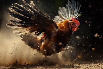 Portrait of a rooster flapping its wings