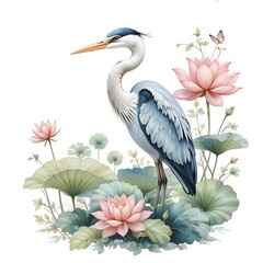 watercolor heron with lotus flowers, leaves. Hand-painted nature scene. Elegant bird, aquatic plants on white background