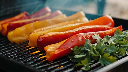 Colorful bell peppers grilling over an open flame with fresh herbs on a summer afternoon at a backyard barbecue party