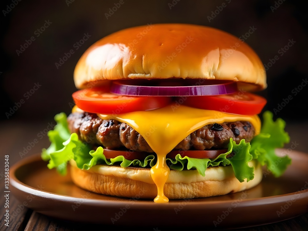 Poster generative ai delicious cheeseburger with dripping cheese on a rustic wooden table