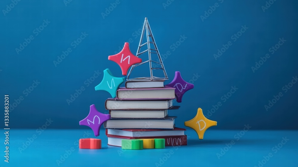 Poster stack of colorful books with a shining star on top creating a whimsical and creative display