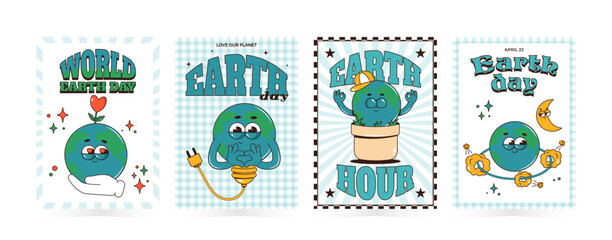 Retro groovy planet Earth character. Funky globe personage. World Environment day, Earth day, Earth hour vertical posters set. Vector illustration