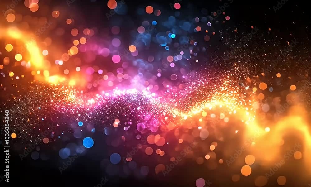 Poster a vibrant abstract cosmic scene with bokeh effect, shimmering sparkles and colorful hues.