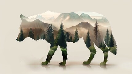 A creatively blended image showcasing a silhouette of a wolf filled with lush mountains and forests, symbolizing the harmony between wildlife and nature's beauty.