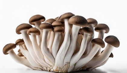 close up of black shimeji mushroom on a white background